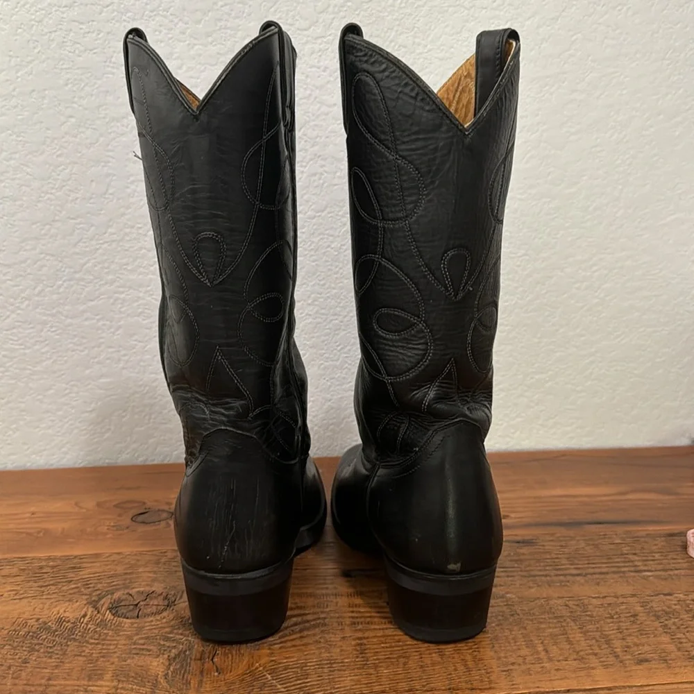 Vintage Mens Handmade Leather Cowboy Western Boots Black Low Heel Size 7M